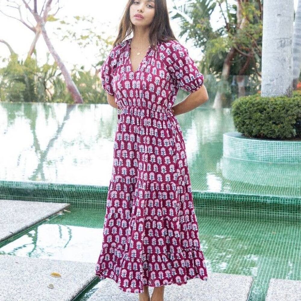 Fox & Mermaid NWT Maroon Block Print Boho Prairie Maxi Dress XL